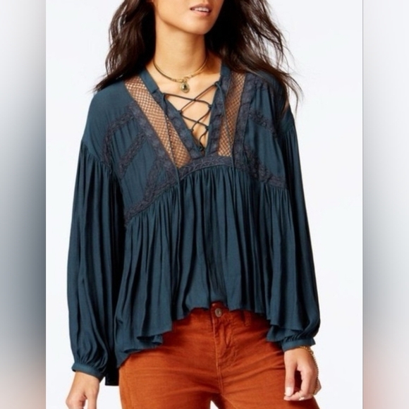 Free People Tops - Free People Black Lace-Up Dont Let Go Peasant Boho Size Small Oversized PTP 22